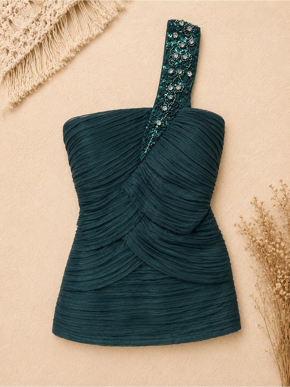 One-Shoulder Emerald Green Ruched Top